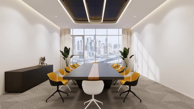 oom In ViewModern Conference Room With Floor To Ceiling Windows Overlooking City Skyline, Time-Lapse Of Sunlight Shadows, 3D Render, Professional Business Meeting Concept