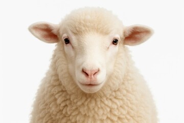 Obraz premium Adorable sheep face portrait isolated on white background showcasing farm animal in clean commercial photography style