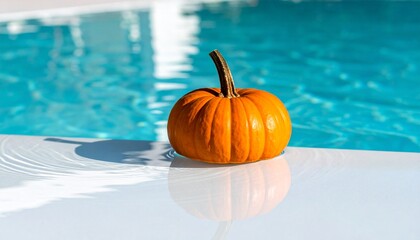 Pumpkin resting on the edge of a swimming pool reflecting in the water surface