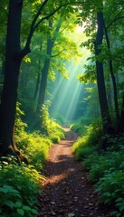Obraz premium A winding, uphill path through a lush forest symbolizes the challenging yet rewarding journey of patience; a long road to a fulfilling destination , effort, trail, climb