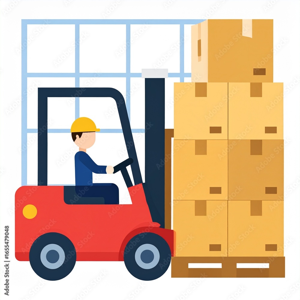 Poster a forklift operator skillfully maneuvers a machine to load stacked boxes onto a pallet within a ware