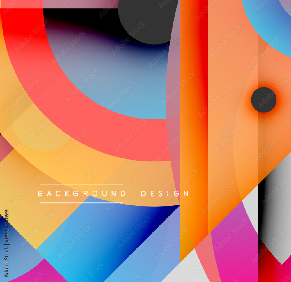 Poster abstract colorful shapes overlap. dynamic composition features gradients, curves, lines. modern desi