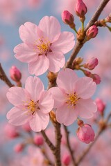 Obraz premium Close-up captures delicate pink cherry blossoms and emerging buds on a softly blurred background.