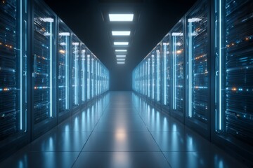 Fototapeta premium Modern server racks glowing with blue lights inside a secure data center, symbolizing advanced digital infrastructure.