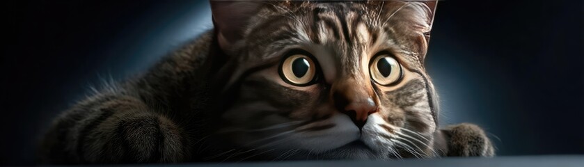 Cat with big eyes showing fear concept. A focused tabby cat poised and ready to pounce in soft light.