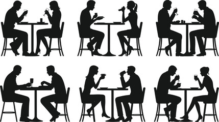 Silhouettes of people sitting at tables, drinking and eating, cafe or restaurant scene, social interaction, dining together, black figures, white background