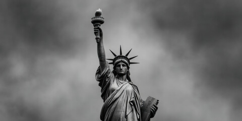 dramatic black-and-white image of the Statue of Liberty holding a torch, symbolizing freedom and hope against a cloudy sky.