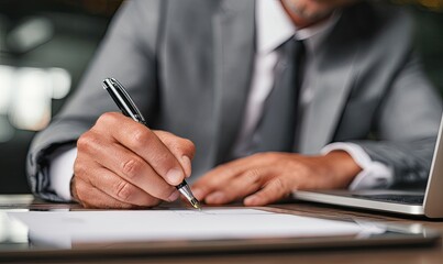 Close-up of a person in a suit signing a document