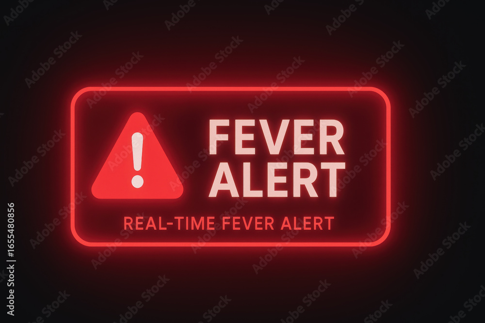 Poster fever alert sign glows red with warning symbol for real time health monitoring and social impact usi