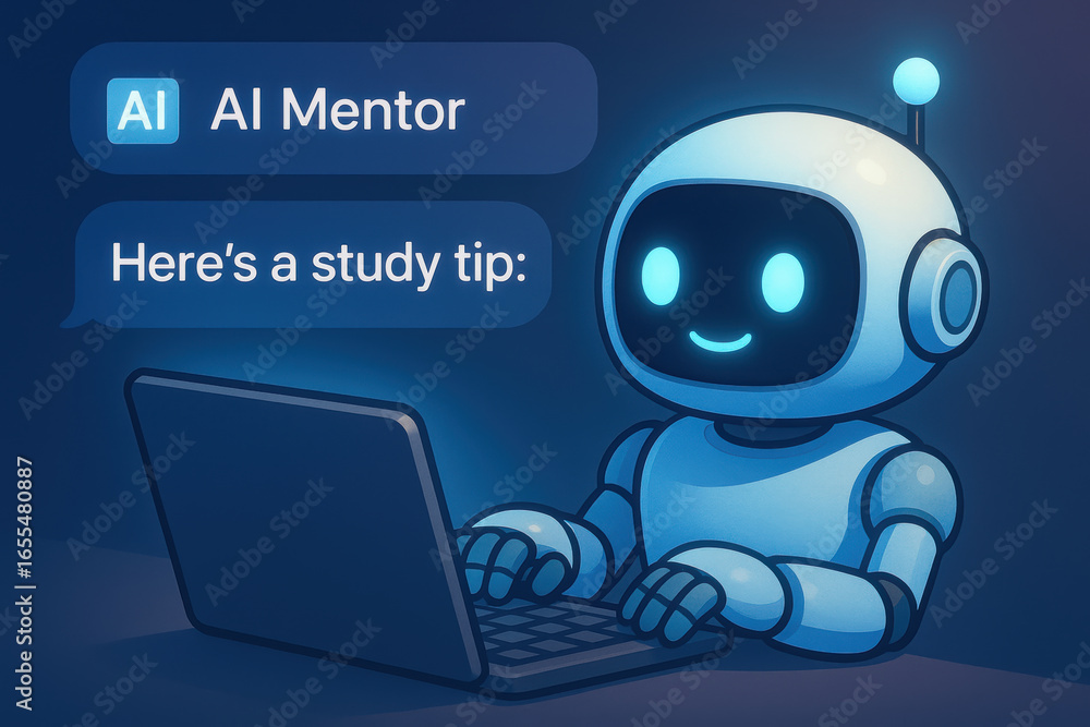 Poster ai mentor robot typing on laptop giving study tip for social impact using ai technology to enhance l