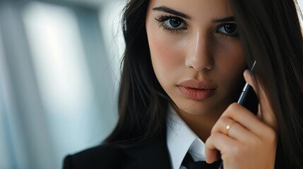 A professional woman engages in a lively phone conversation, radiating confidence and focus in her office space.