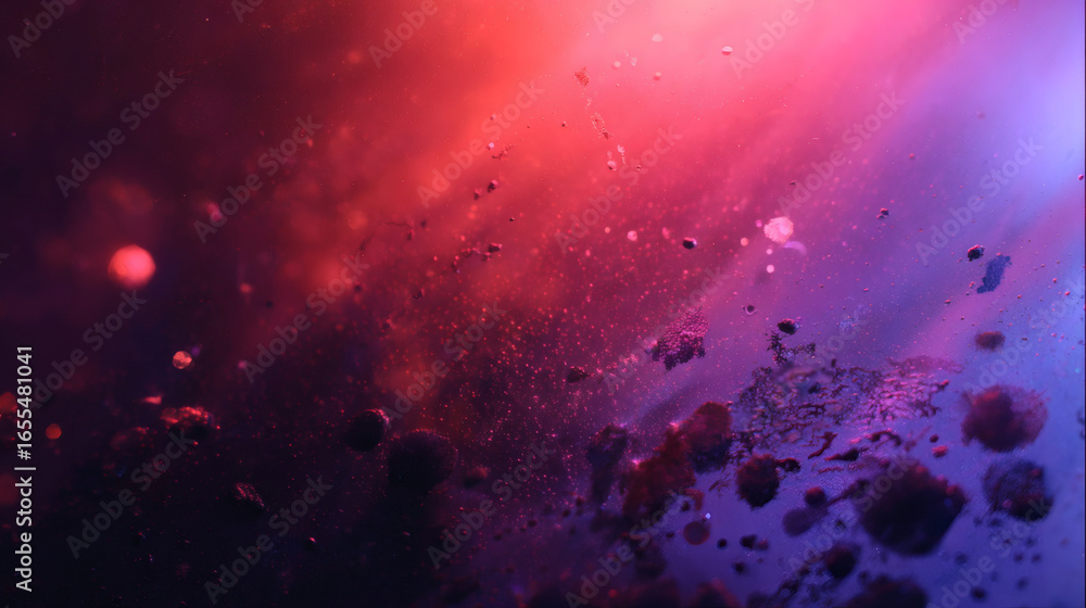 Poster mesmerizing blend of warm red light and cool purple glow creates cosmic scene with floating particle