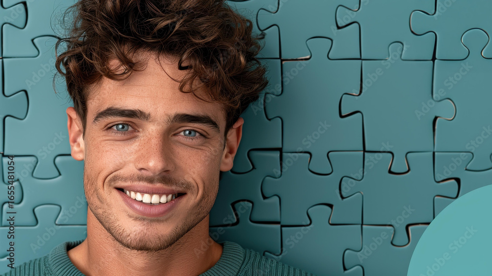 Poster a cheerful young male call center operator engages with clients while efficiently managing tasks on 
