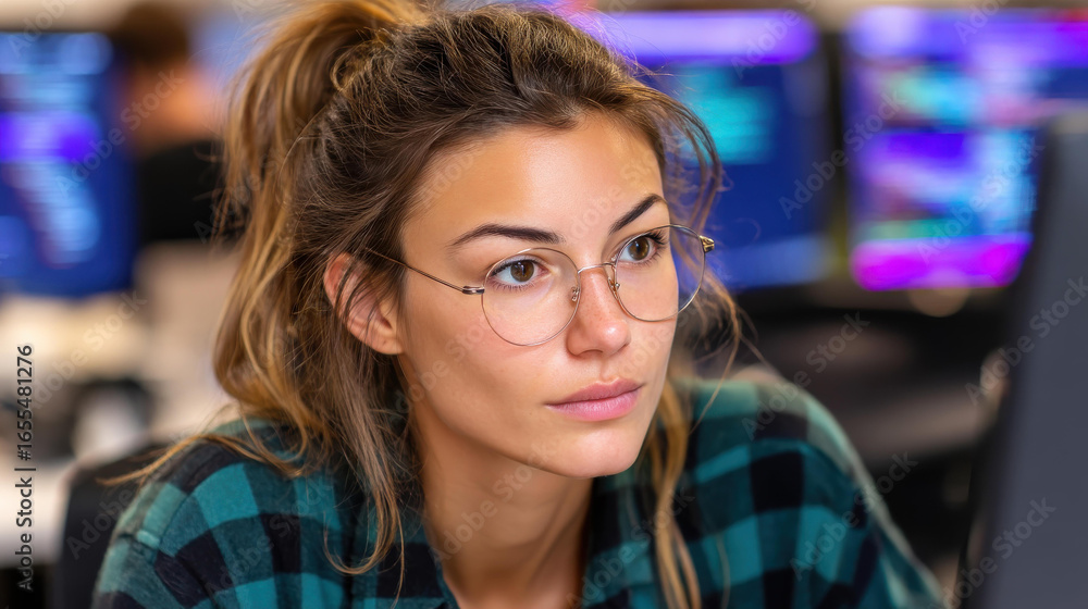 Poster female coder at a multimonitor setup in a sleek coworking space, crafting saas for an innovative sta