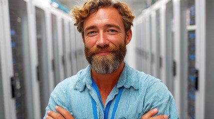 A techsavvy environment with servers humming, showcasing a technician optimizing performance in a modern data center.