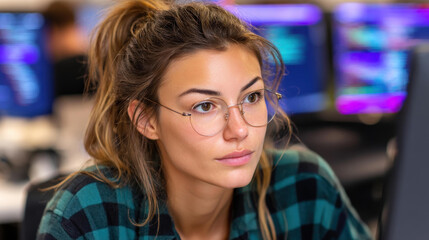 Female coder at a multimonitor setup in a sleek coworking space, crafting SaaS for an innovative startup.