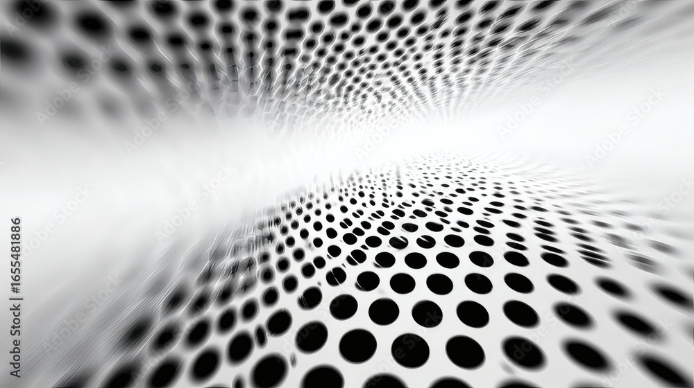 Poster abstract black dots create dynamic pattern against blurred white background, evoking sense of motion