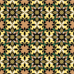 Seamless Geometric Floral Pattern in Yellow, Brown, and Green Tones for Wallpaper, Fabric, and Tiles Vector