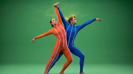 Contemporary dancers in vibrant bodysuits perform a dynamic, intertwined pose against a green backdrop.
