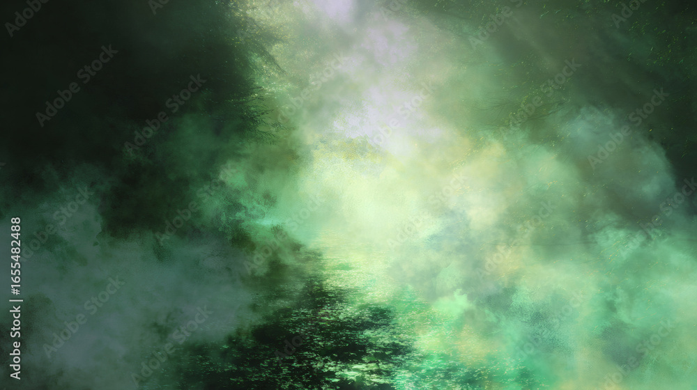 Poster mystical forest scene with pathway dissolving into glowing green haze, creating ethereal atmosphere.