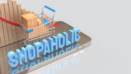 The Shopping Cart and Box on mobile for shopaholic concept 3d Rendering.