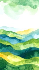 Obraz premium Watercolor mountains cascade across the canvas in shades of green and blue, evoking a sense of peace and tranquility in a serene landscape.