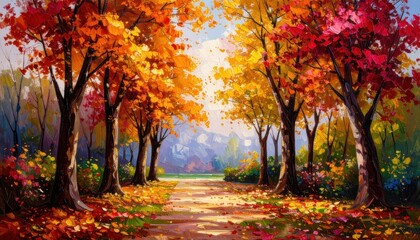 Vibrant Autumn Pathway in a Colorful Forest
