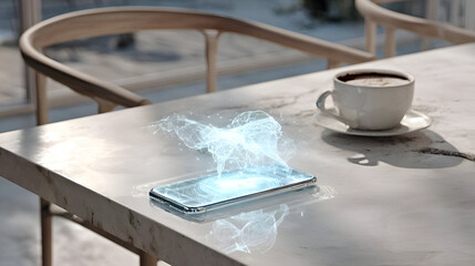 Modern smartphone with holographic projection on marble table near coffee cup, showcasing future technology