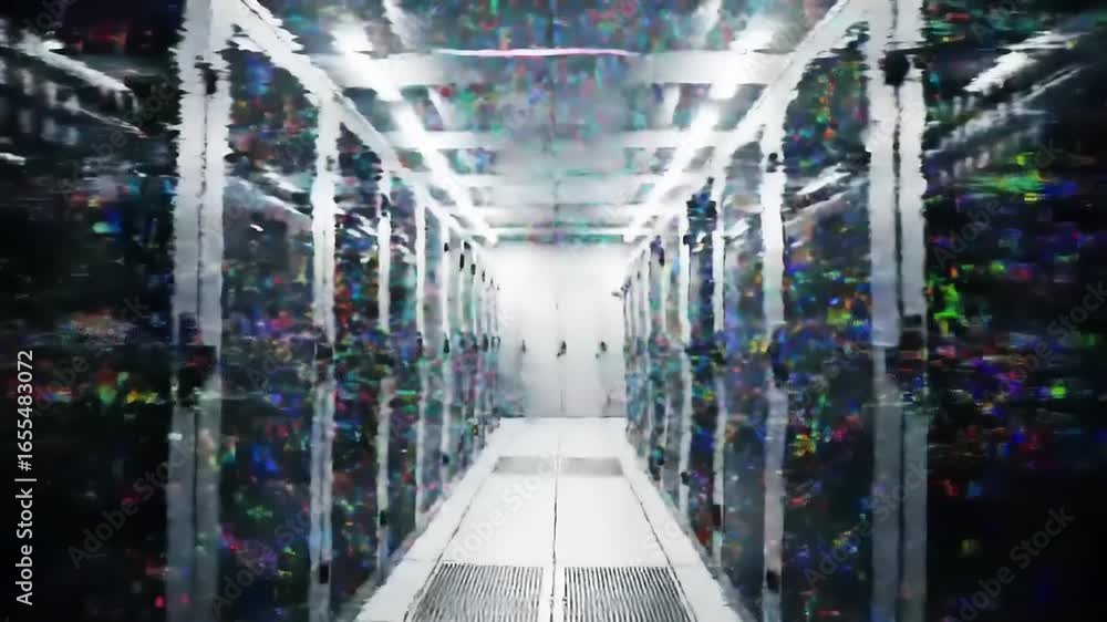 Aufkleber futuristic data center server corridor with digital glitch distortion and data corruption