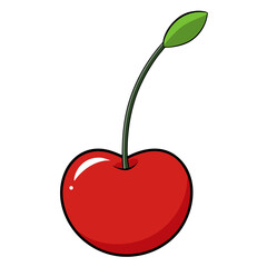 Vibrant red single cherry illustration with a green stem and leaf, isolated on a pure white background, perfect for designs requiring a sweet and fresh fruit icon or graphic element.