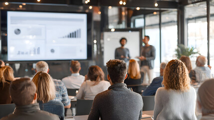 Dynamic business presentation with team members analyzing data and charts in modern conference room setting