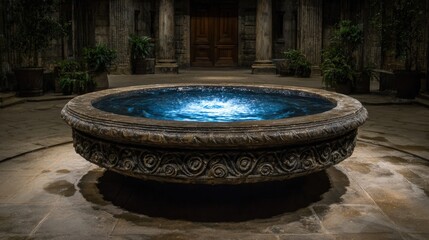 An ornate circular fountain with illuminated water surrounded by lush greenery and stone architecture.
