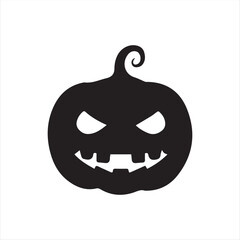 Halloween pumpkin icons, each carved with different spooky expressions: angry, scary, surprised, mischievous, and laughing. Solid black silhouette style, simple and minimal, isolated on white backgrou