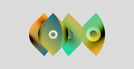 Abstract colorful shapes overlap, creating fluid design. Gradient hues blend, forming symmetrical composition. Minimalist aesthetic, modern feel.