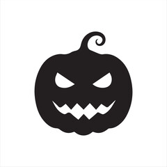 Halloween pumpkin icons, each carved with different spooky expressions: angry, scary, surprised, mischievous, and laughing. Solid black silhouette style, simple and minimal, isolated on white backgrou