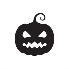 Halloween pumpkin icons, each carved with different spooky expressions: angry, scary, surprised, mischievous, and laughing. Solid black silhouette style, simple and minimal, isolated on white backgrou