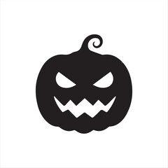 Halloween pumpkin icons, each carved with different spooky expressions: angry, scary, surprised, mischievous, and laughing. Solid black silhouette style, simple and minimal, isolated on white backgrou
