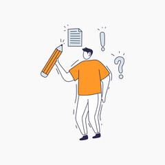 A Person Holding a Large Pencil Surrounded by Question Marks and Exclamation Points