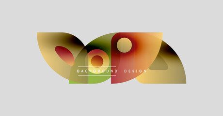 Abstract shapes overlap, creating vibrant color gradients. Minimalist design with text elements. Light gray background provides contrast.