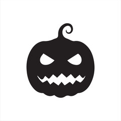 Halloween pumpkin icons, each carved with different spooky expressions: angry, scary, surprised, mischievous, and laughing. Solid black silhouette style, simple and minimal, isolated on white backgrou
