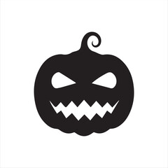 Halloween pumpkin icons, each carved with different spooky expressions: angry, scary, surprised, mischievous, and laughing. Solid black silhouette style, simple and minimal, isolated on white backgrou