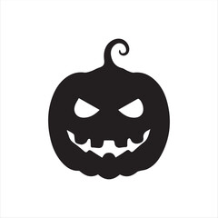 Halloween pumpkin icons, each carved with different spooky expressions: angry, scary, surprised, mischievous, and laughing. Solid black silhouette style, simple and minimal, isolated on white backgrou
