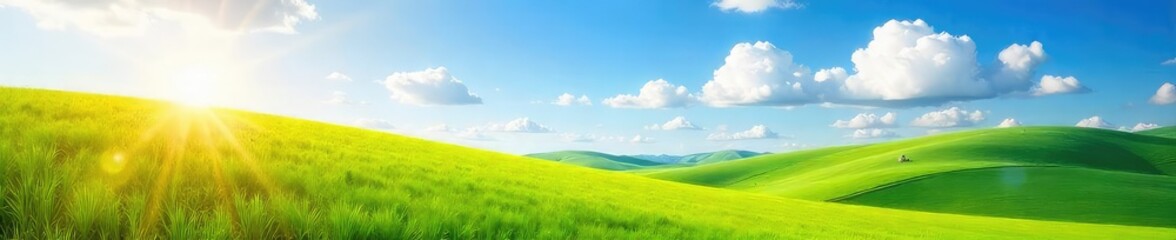 Obraz premium Golden sunlight bathes a vibrant summer landscape Rolling green hills stretch to a clear blue sky, dotted with fluffy white clouds Perfect for summer, vacation, and nature themes , warm, vista