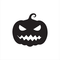 Halloween pumpkin icons, each carved with different spooky expressions: angry, scary, surprised, mischievous, and laughing. Solid black silhouette style, simple and minimal, isolated on white backgrou