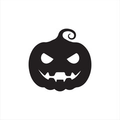 Halloween pumpkin icons, each carved with different spooky expressions: angry, scary, surprised, mischievous, and laughing. Solid black silhouette style, simple and minimal, isolated on white backgrou