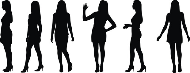 Silhouettes of six women in dresses and high heels, various poses, body language, fashion design, gesture illustration, black figures, white background