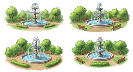 Four park fountain illustrations