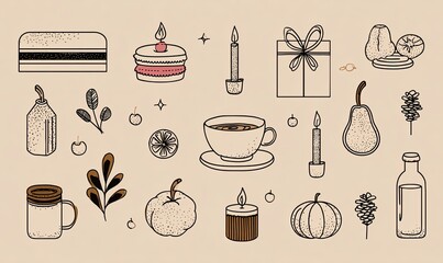 Cozy autumnal illustrations with various treats, gifts, and beverages