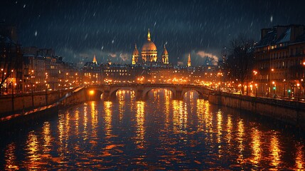 Obraz premium Nighttime View of City with Lights and Reflections on Water Surface