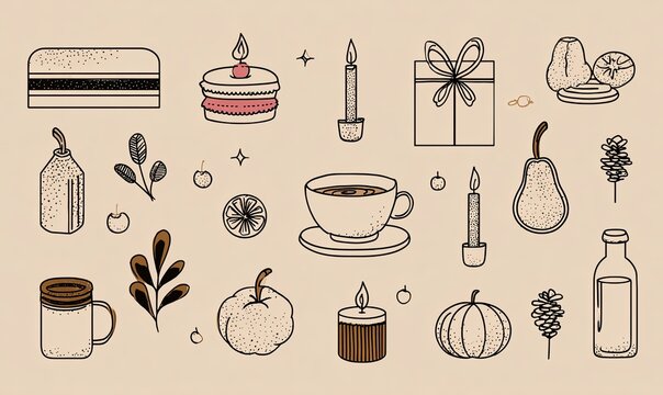 Cozy autumnal illustrations with various treats, gifts, and beverages